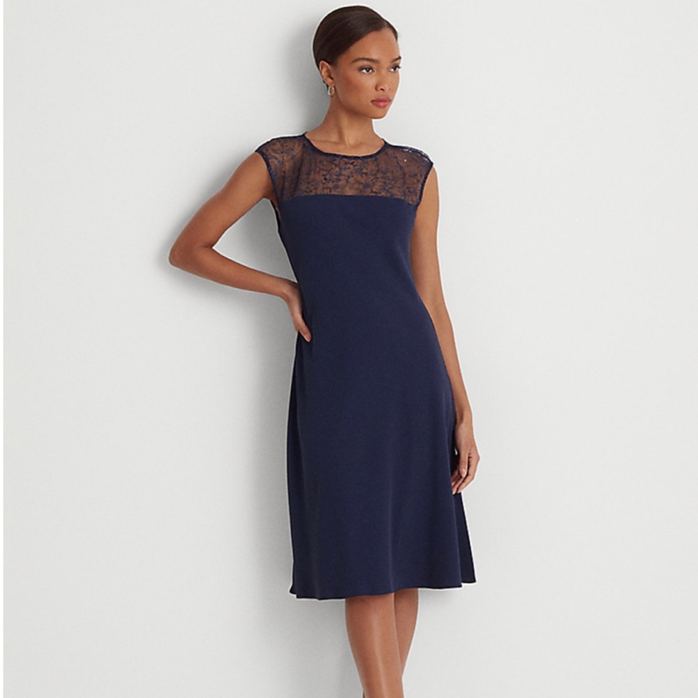 Lauren Beaded Lace Illusion Neck Sleeveless Georgette Cocktail Dress